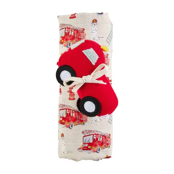 NEW MUDPIE fire truck swaddle blanket & rattle in beige/red - Picture 2 of 2